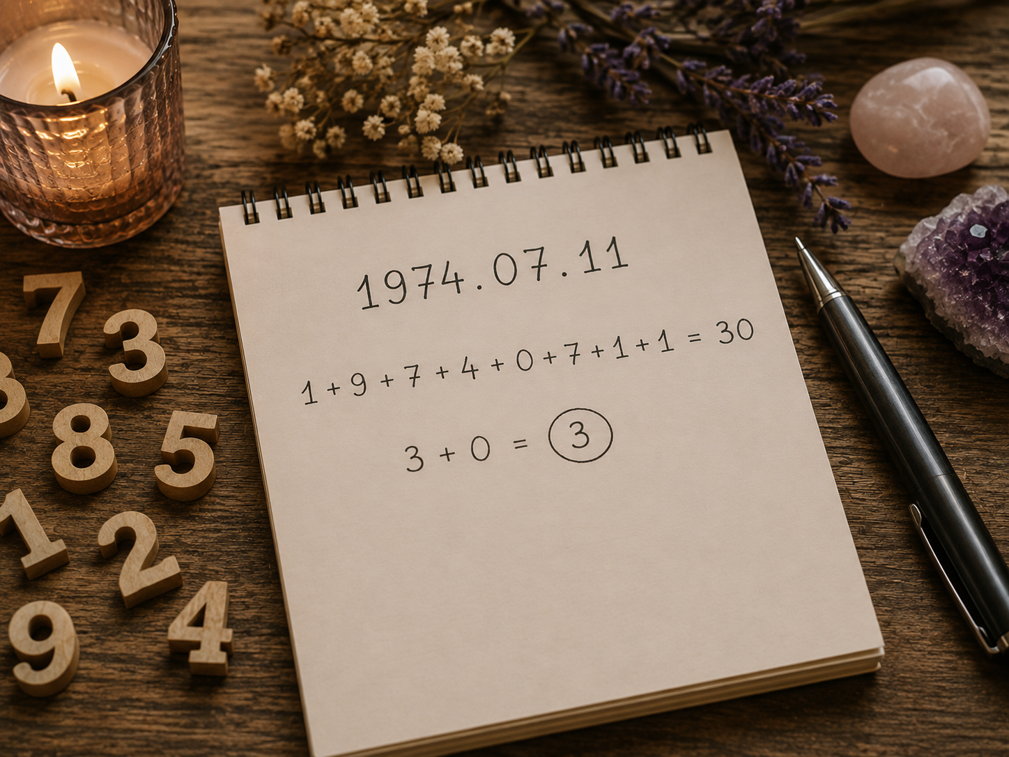 Asztalon spirálfüzet születési dátummal. A számok egyesével összeadásra kerülnek és egy számra kerekítenek. Numerológiai elemzéshez születési számok adata látszik egy papírlapon.