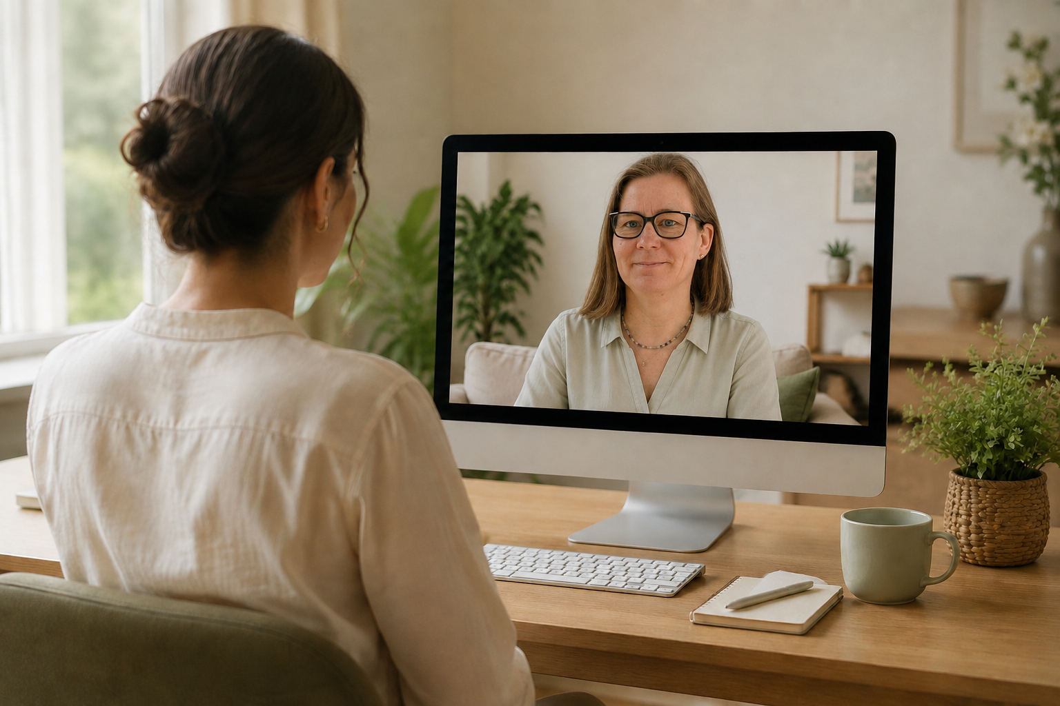 Egy monitor elött ülő n látszik hátulról, ahogy a monitort nézi. A monitoron Vadler Zita látszik, akivel online stresszoldás konzultáció történik.